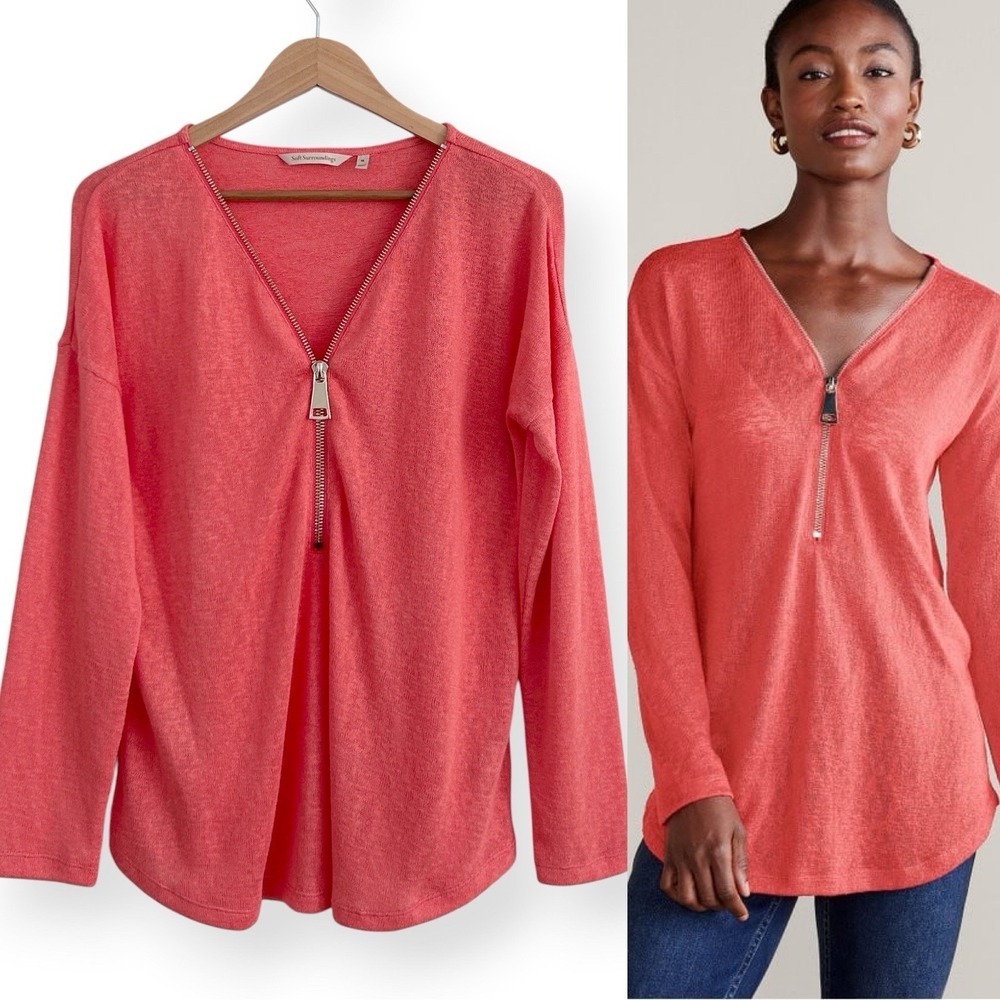 Soft Surroundings Women Medium Coral Gold Zip Valentina Long Sleeve Sweater NWOT